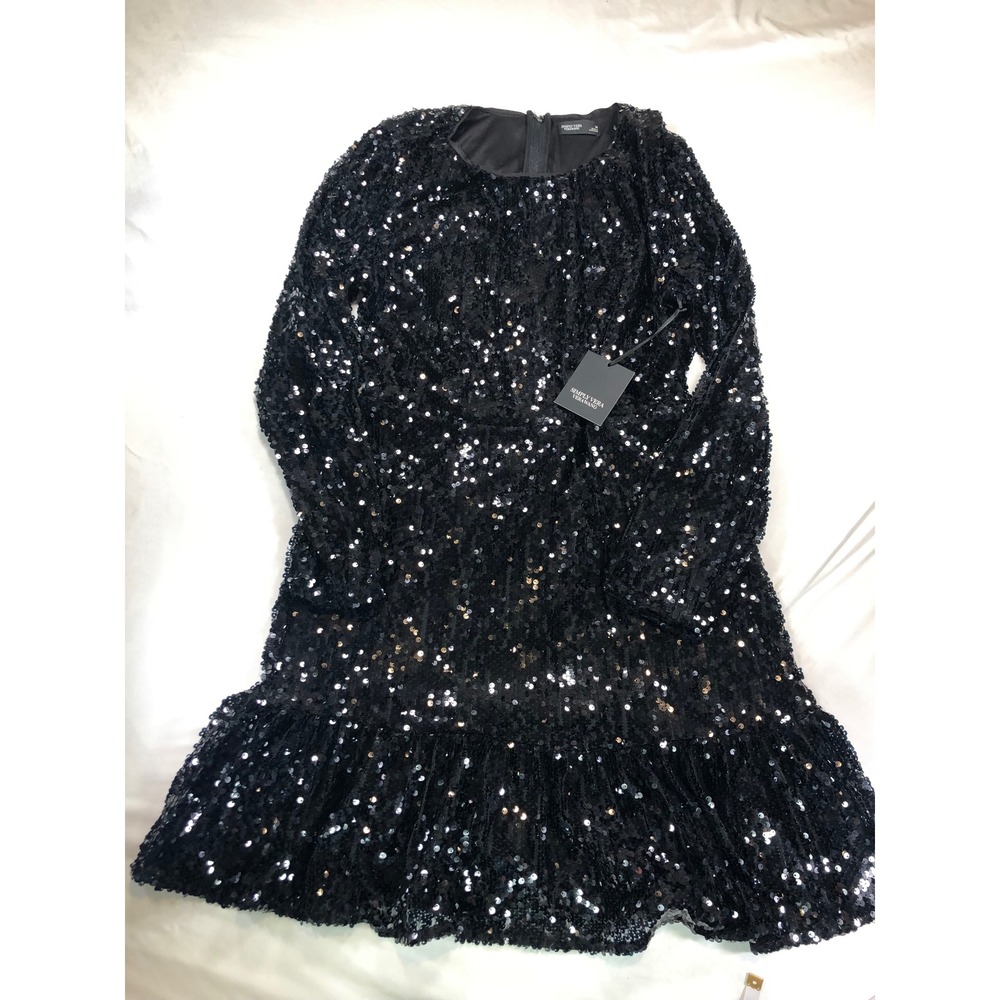 Simply Vera Vera Wang Black Sequin Long Sleeve Ruffle Mini Dress WV43Y129RS1 M